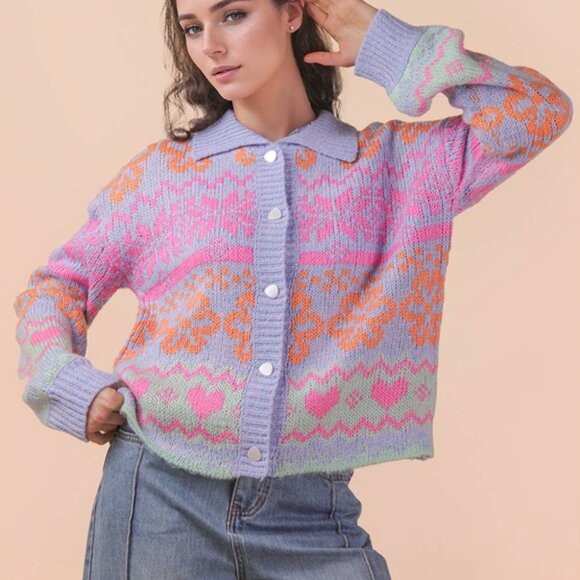 New In Oversized Button Down Pastel Graphic Knit Sweater Top - Picture 3 of 7